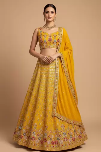 yellow floral embroidered lehenga with dupatta