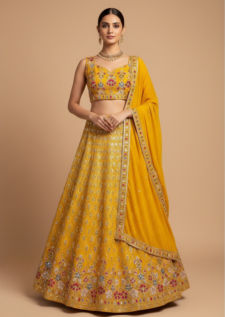 yellow floral embroidered lehenga with dupatta