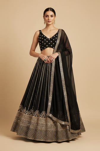 Black Sequin Embroidery Georgette Lehenga set with choli and dupatta