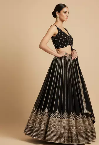Black Sequin Embroidery Georgette Lehenga set with choli and dupatta