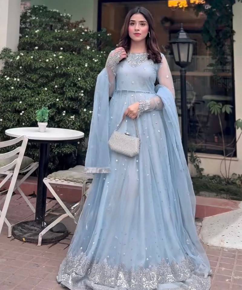 Serene sky blue georgette layered lehenga details