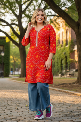 Women's Red Rayon Bandhej Printed Kurti|Ethnic Bandhani Print Kurta for Women & Girls|Casual Daily Wear Neck Rayon Kurti