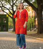 Women's Red Rayon Bandhej Printed Kurti|Ethnic Bandhani Print Kurta for Women & Girls|Casual Daily Wear Neck Rayon Kurti