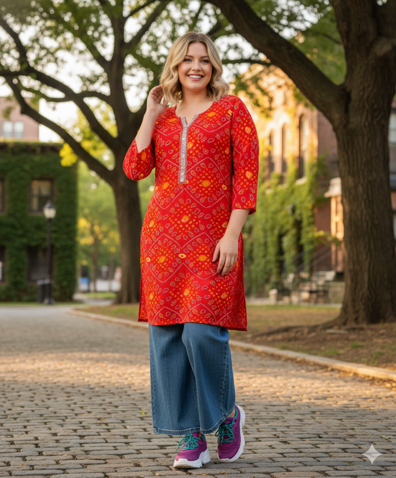 Women's Red Rayon Bandhej Printed Kurti|Ethnic Bandhani Print Kurta for Women & Girls|Casual Daily Wear Neck Rayon Kurti