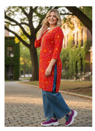 Women's Red Rayon Bandhej Printed Kurti|Ethnic Bandhani Print Kurta for Women & Girls|Casual Daily Wear Neck Rayon Kurti 2