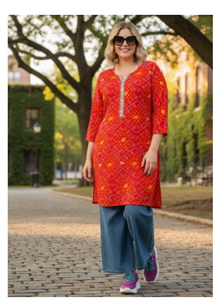 Women's Red Rayon Bandhej Printed Kurti|Ethnic Bandhani Print Kurta for Women & Girls|Casual Daily Wear Neck Rayon Kurti 3