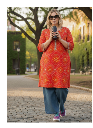 Women's Red Rayon Bandhej Printed Kurti|Ethnic Bandhani Print Kurta for Women & Girls|Casual Daily Wear Neck Rayon Kurti 4