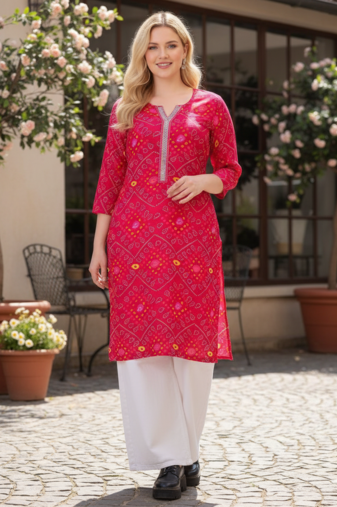 Womens Pink Rayon Bandhej Printed Kurti|Ethnic Bandhani Print Kurta for Women & Girls|Casual Daily Wear Rayon Kurti