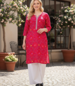 Womens Pink Rayon Bandhej Printed Kurti|Ethnic Bandhani Print Kurta for Women & Girls|Casual Daily Wear Rayon Kurti
