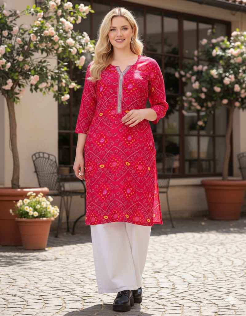 Womens Pink Rayon Bandhej Printed Kurti|Ethnic Bandhani Print Kurta for Women & Girls|Casual Daily Wear Rayon Kurti