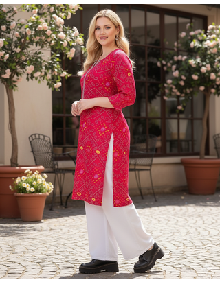 Womens Pink Rayon Bandhej Printed Kurti|Ethnic Bandhani Print Kurta for Women & Girls|Casual Daily Wear Rayon Kurti 2