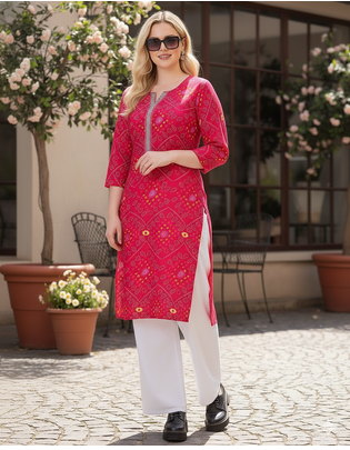 Womens Pink Rayon Bandhej Printed Kurti|Ethnic Bandhani Print Kurta for Women & Girls|Casual Daily Wear Rayon Kurti 4