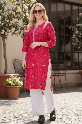 Womens Pink Rayon Bandhej Printed Kurti|Ethnic Bandhani Print Kurta for Women & Girls|Casual Daily Wear Rayon Kurti