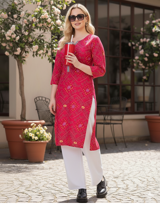 Womens Pink Rayon Bandhej Printed Kurti|Ethnic Bandhani Print Kurta for Women & Girls|Casual Daily Wear Rayon Kurti 5