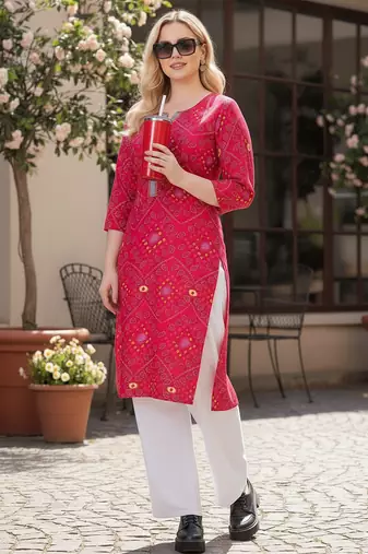 Womens Pink Rayon Bandhej Printed Kurti|Ethnic Bandhani Print Kurta for Women & Girls|Casual Daily Wear Rayon Kurti