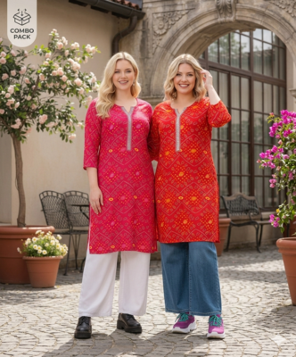 Pack of 2 Women Rayon Bandhani Print Kurti|Printed Straight Kurta Combo Set|Jaipuri Bandhej Ethnic Wear for Ladies #Noor 1