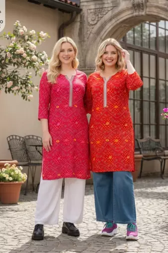 Pack of 2 Women Rayon Bandhani Print Kurti|Printed Straight Kurta Combo Set|Jaipuri Bandhej Ethnic Wear for Ladies #Noor