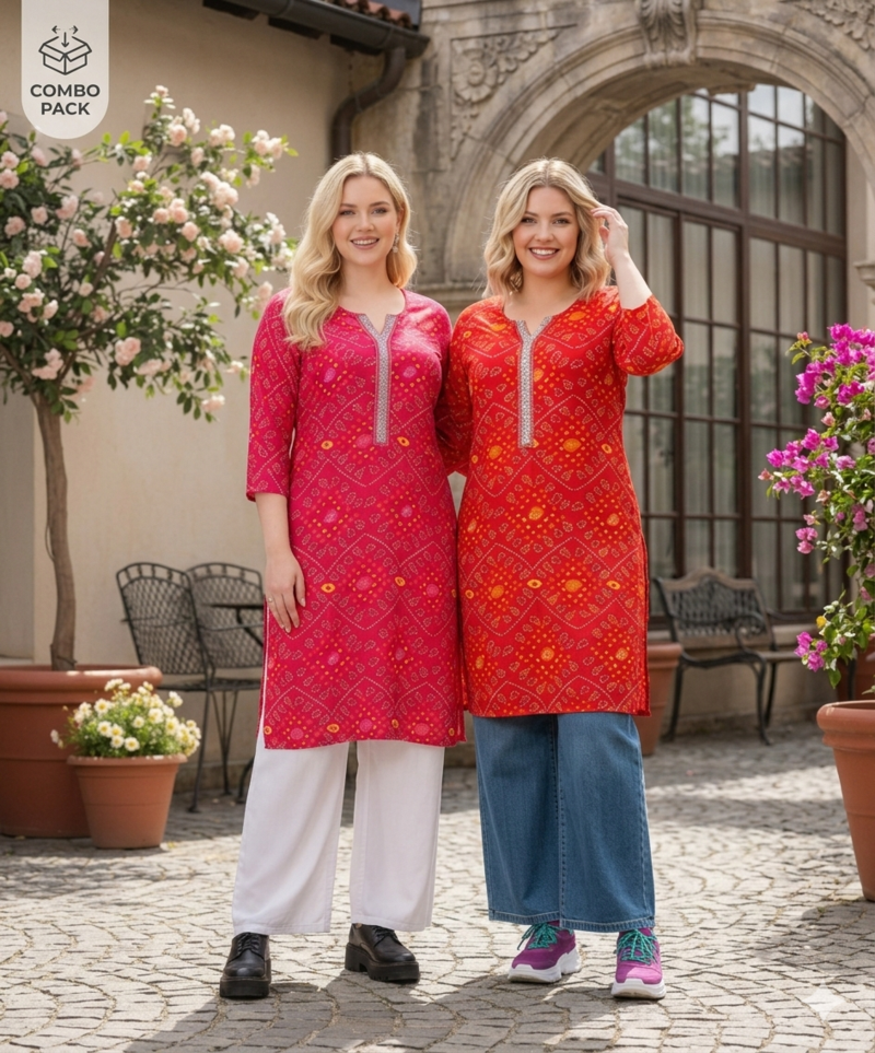 Pack of 2 Women Rayon Bandhani Print Kurti|Printed Straight Kurta Combo Set|Jaipuri Bandhej Ethnic Wear for Ladies #Noor