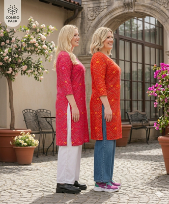 Pack of 2 Women Rayon Bandhani Print Kurti|Printed Straight Kurta Combo Set|Jaipuri Bandhej Ethnic Wear for Ladies #Noor 2