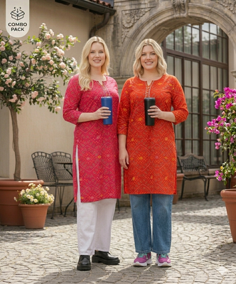 Pack of 2 Women Rayon Bandhani Print Kurti|Printed Straight Kurta Combo Set|Jaipuri Bandhej Ethnic Wear for Ladies #Noor 3