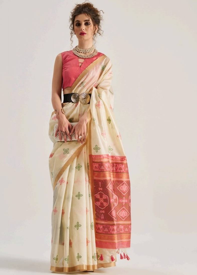 off white premium art silk patola saree with traditional weaving design