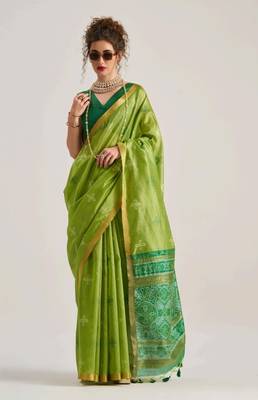 green premium art silk blend patola saree with weaving design 1