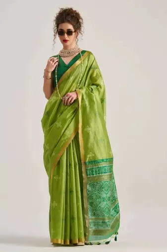 green premium art silk patola saree with traditional weaving design