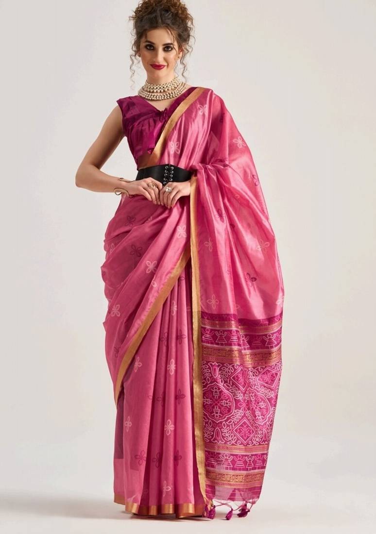 pink premium art silk patola saree with traditional weaving design