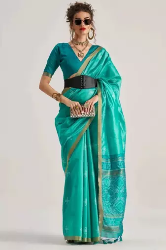 blue premium art silk patola saree with traditional weaving design