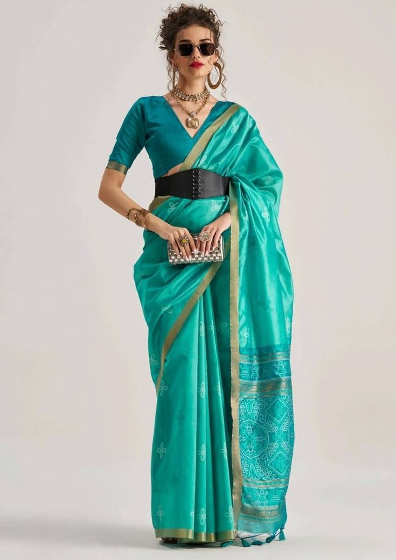 blue premium art silk patola saree with traditional weaving design