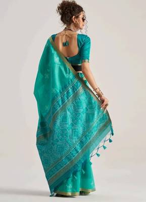 blue premium art silk blend patola saree with weaving design 2