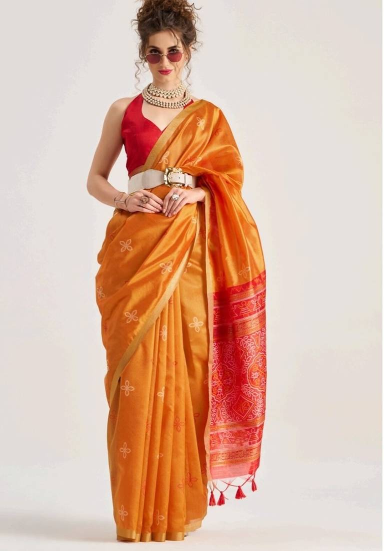 orange premium art silk patola saree with traditional weaving design