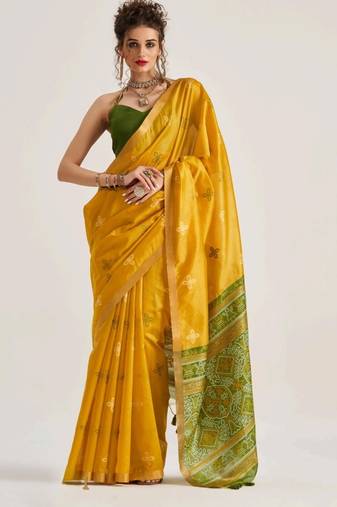 yellow premium art silk patola saree with traditional weaving design