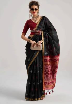 balck premium art silk blend patola saree with weaving design 1