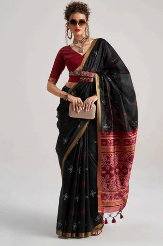 balck premium art silk patola saree with traditional weaving design