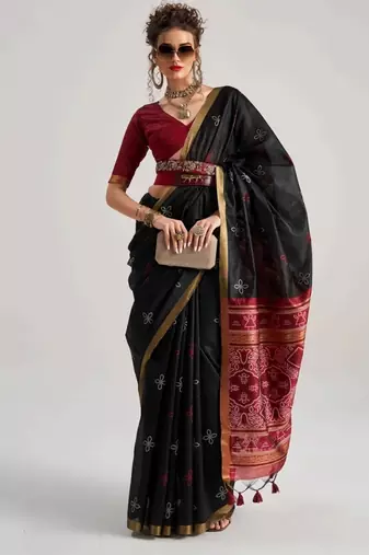 balck premium art silk patola saree with traditional weaving design