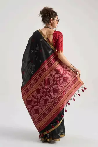balck premium art silk blend patola saree with weaving design