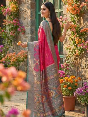 pink pochampalli silk blend saree  soft & elegant indian wear 2