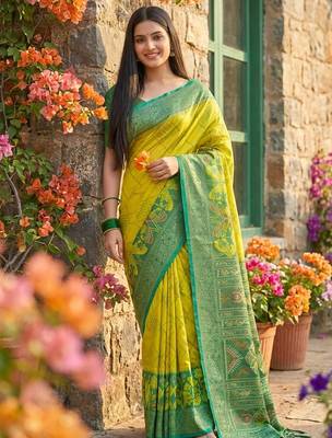 light yellow pochampalli silk blend saree  soft & elegant indian wear 1