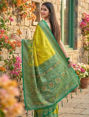 light yellow pochampalli silk blend saree  soft & elegant indian wear 2