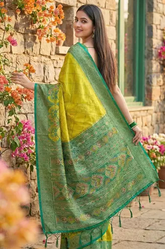 light yellow pochampalli silk blend saree  soft & elegant indian wear