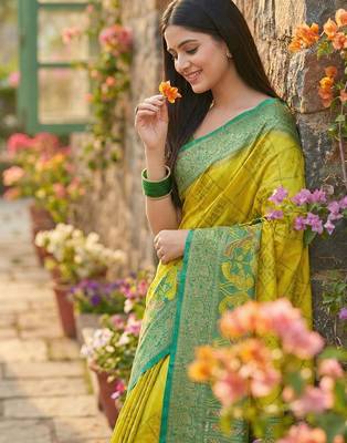 light yellow pochampalli silk blend saree  soft & elegant indian wear 3