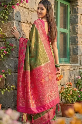 mehendi pochampalli silk blend saree  soft & elegant indian wear