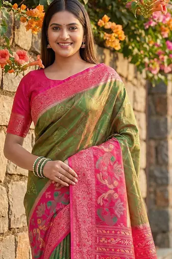 mehendi pochampalli silk blend saree  soft & elegant indian wear