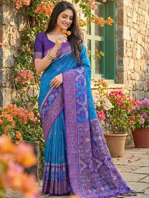 blue pochampalli silk blend saree  soft & elegant indian wear 1