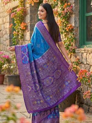 blue pochampalli silk blend saree  soft & elegant indian wear 2