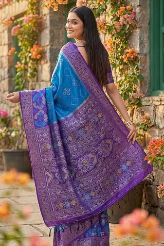 blue pochampalli silk blend saree  soft & elegant indian wear