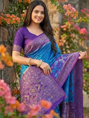 blue pochampalli silk blend saree  soft & elegant indian wear 3