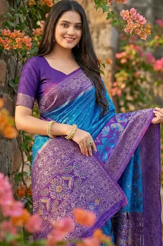 blue pochampalli silk blend saree  soft & elegant indian wear