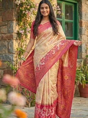 cream pochampalli silk blend saree  soft & elegant indian wear 1
